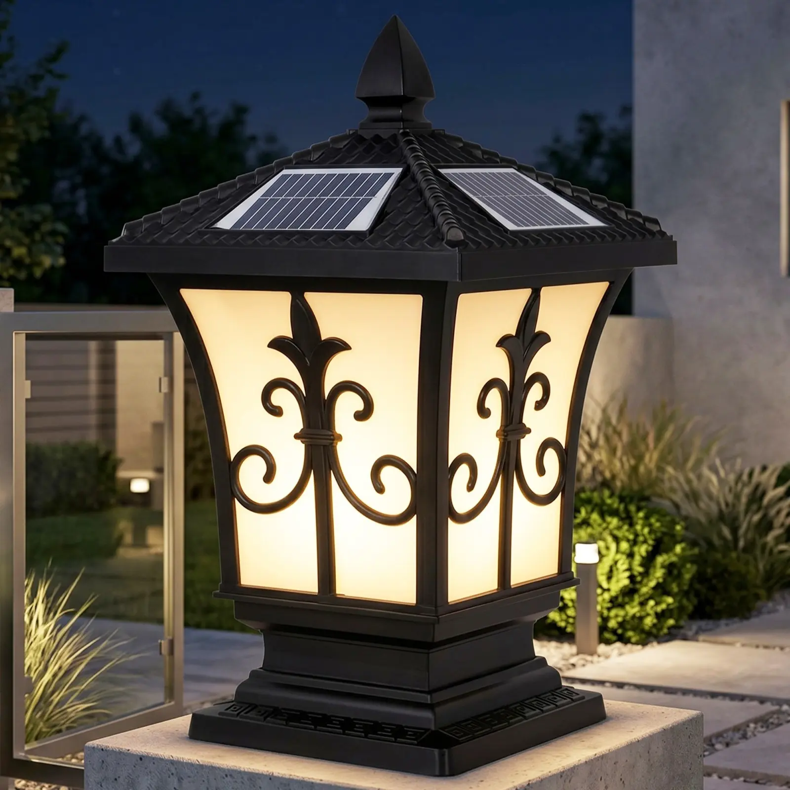 Solar Post Light, 9.8 Inch Outdoor Pillar Lantern, 17.3 Inch Black Gate Column Light, IP65 Waterproof Fence Lamp, Remote Control 4 Color Modes, Solar And Hardwire Dual Use
