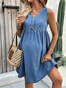 MaterniRIO Blue Denim Maternity Dress - Chic V-Neck Half-Placket Sleeveless Sundress for Baby Shower & Cottagecore Style