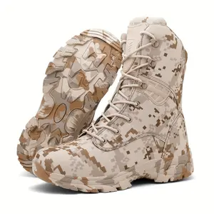Men's high top camouflage hiking boots, outdoor climbing work boots with zipper closure, nylon fabric, rubber sole, non-slip EVA insole, striped pattern, all year outdoor shoe style