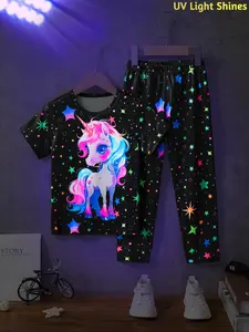 Two-piece Set Toddler Girl's Unicorn ＆ Stars Print Short Sleeve Tee & Elastic Waist Pants Set, Casual Round Neck T-shirt & Trousers for Summer, Kids Clothes for Daily Wear, Cute Clothing Set