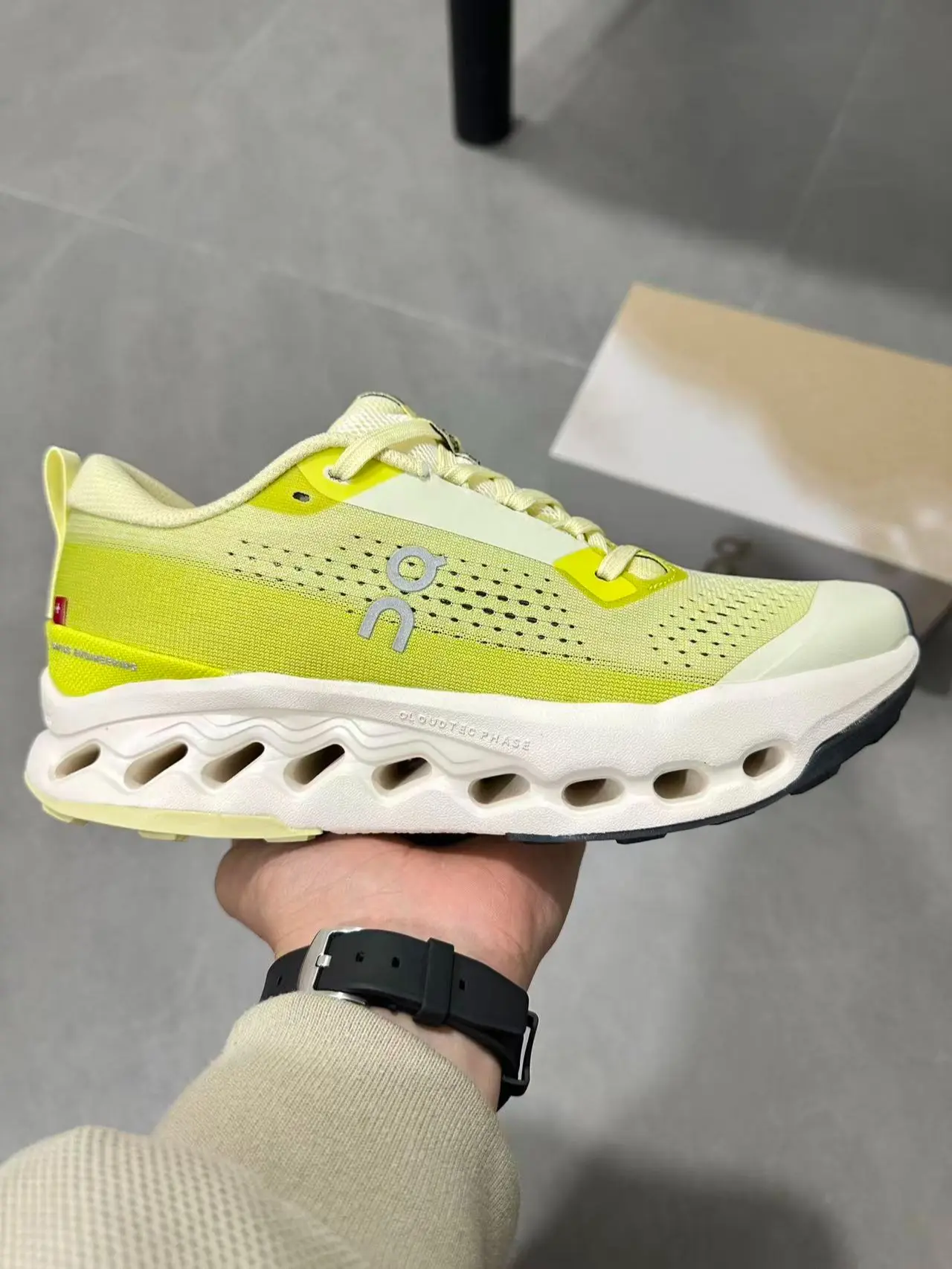 Lime Yellow Mesh Hollow Cushion Running Sneakers, Off White Shock Absorbing Midsole, Breathable Fly Knit Upper, Anti Slip Outdoor Athletic Shoes, Unisex Sport Footwear