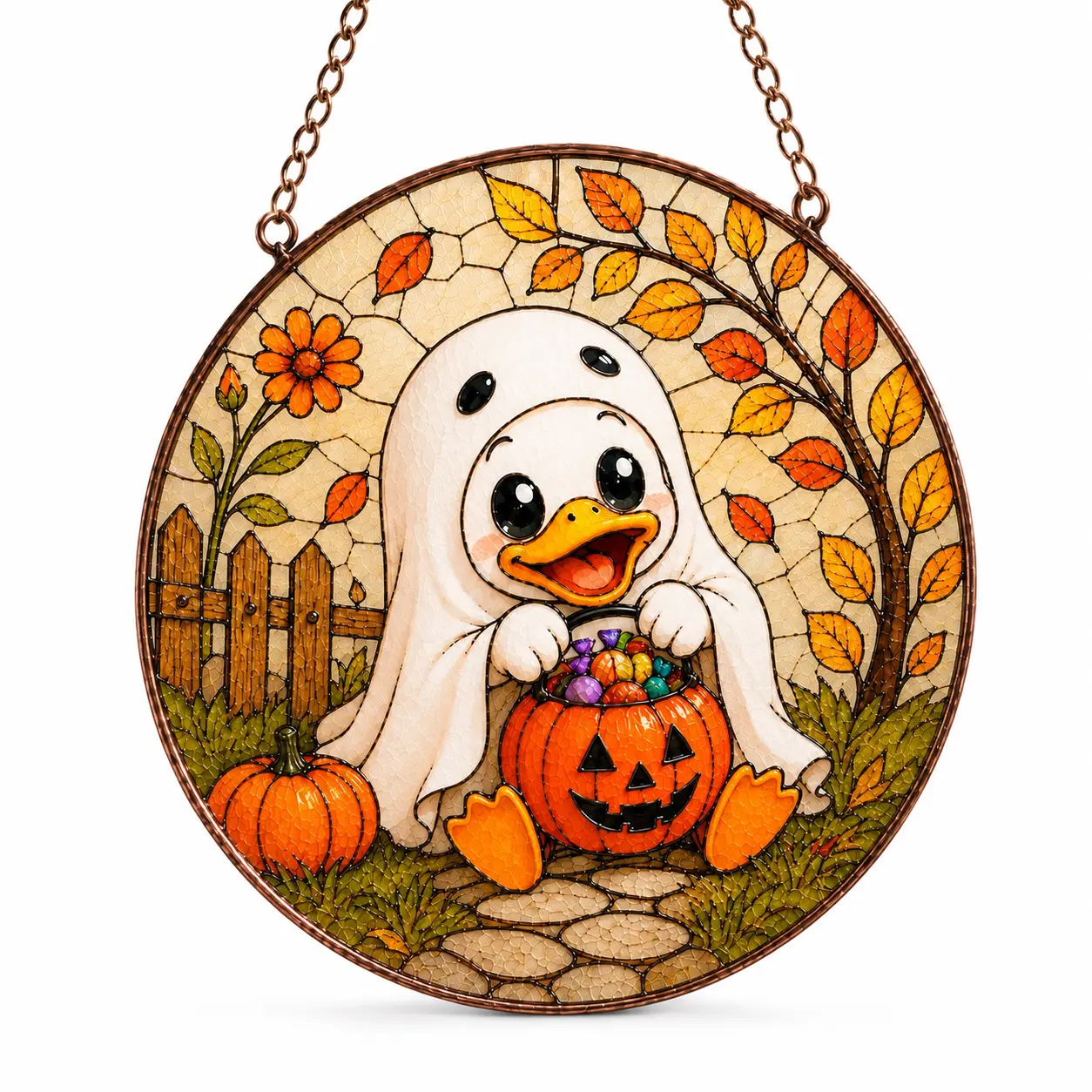 Halloween Duck Ghost Suncatcher, Cute Trick or Treat Duck with Pumpkin Candy Bucket Window Hanging, Fall Autumn Decor, Spooky Halloween Window Ornament, Halloween Gift for Duck Lovers