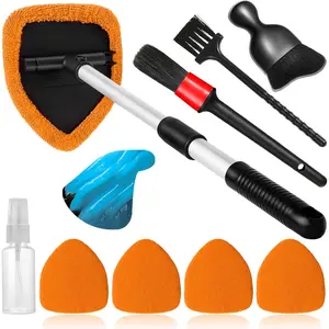 10 count Windshield Cleaner Tool,  Window Cleaning Wash Kit with 4  Microfiber Pads 1 Spray Bottle and Extendable Handle Auto Glass Wiper Kit, Orange
