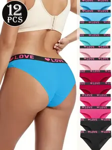 12pcs Color Block Letter Print Briefs, Elegant Comfy Breathable Stretchy Intimates Panties, Women's Lingerie & Underwear,Valentine's Day gift