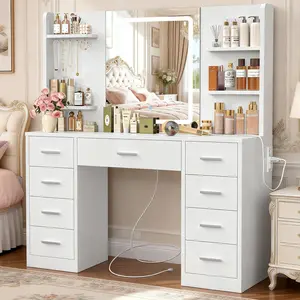 Makeup Vanity Desk - 39.4" Full-Size Stand-Alone Illuminated Makeup Vanity with Smart LED Mirror, Power Station, 9 Drawers & 6 Open Shelves for Bedroom Use, Full-Size Makeup Vanities