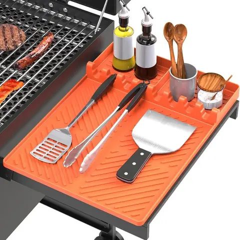 Durable Solid Heat-Resistant Rectangle Silicone Griddle Mat for Blackstone BBQ Grill, 16x11.5in Side Shelf Mat with Drip Pad & 8-Slot Tool Slots, 1-Count Kitchen Grill Accessory, Orange Christmas Gift (No Cooking Utensils Included)