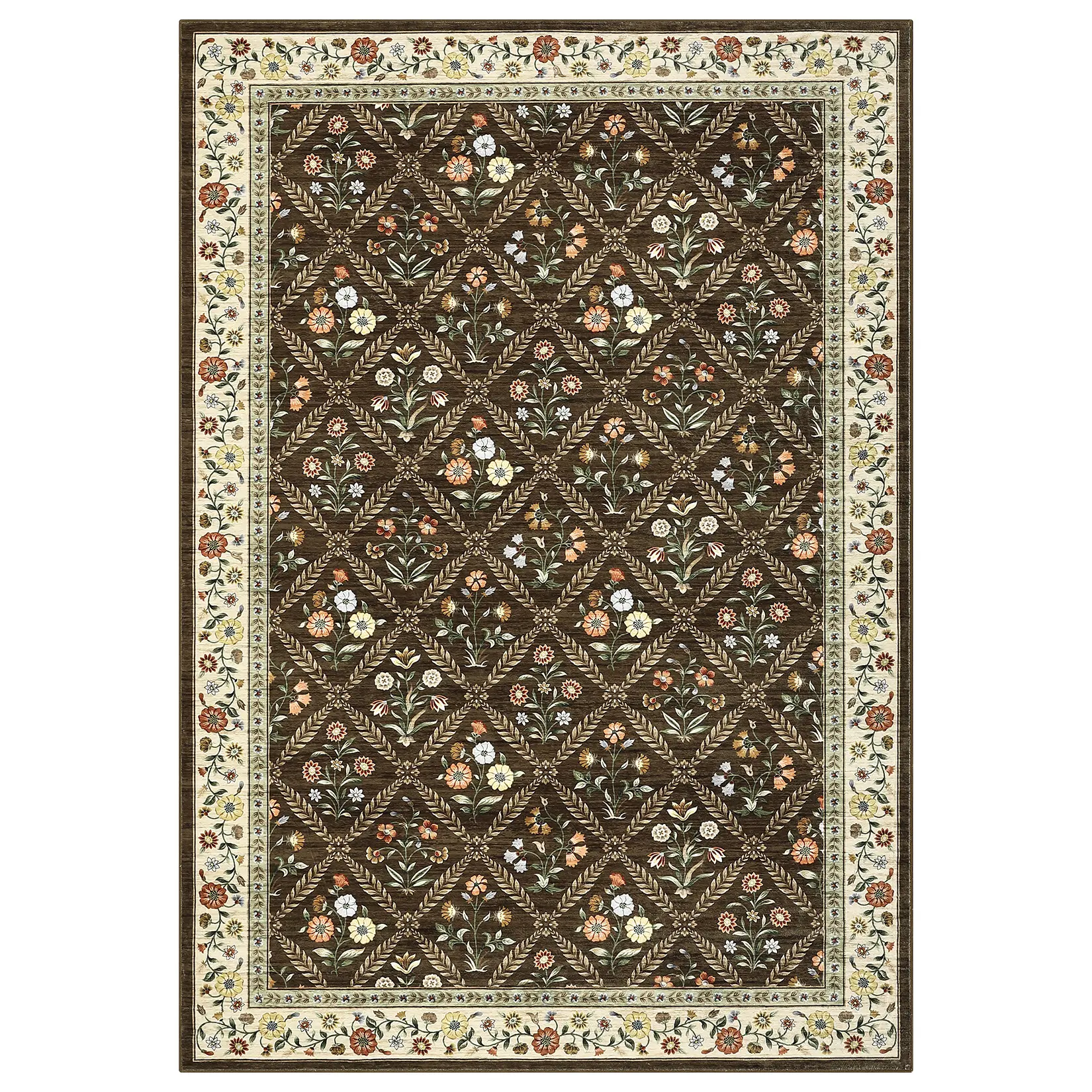 9x12 ft Imitation Cashmere Polyester Brown Flower Pattern Rectangular Soft Rug, Foldable Machine Washable Decorative Indoor Area Rug for Hallway