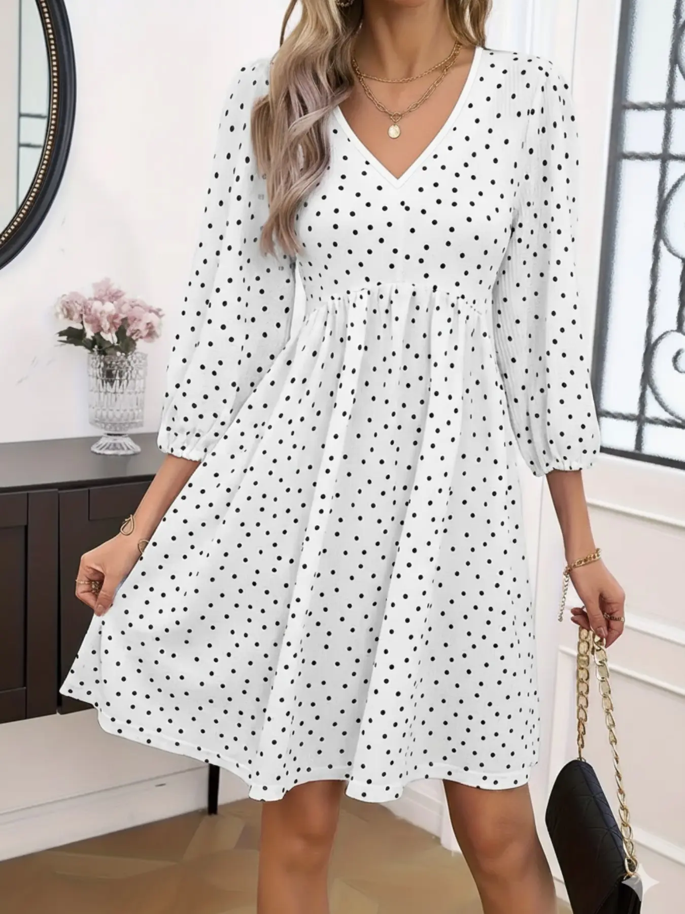 Women's Spring Autumn Vacation Fashion V-Neck Polka Dot High Waist  Seven-Sleeve Dress, Stylish Boho Casual Comfy Wear, Perfect for Travel -  TikTok Shop