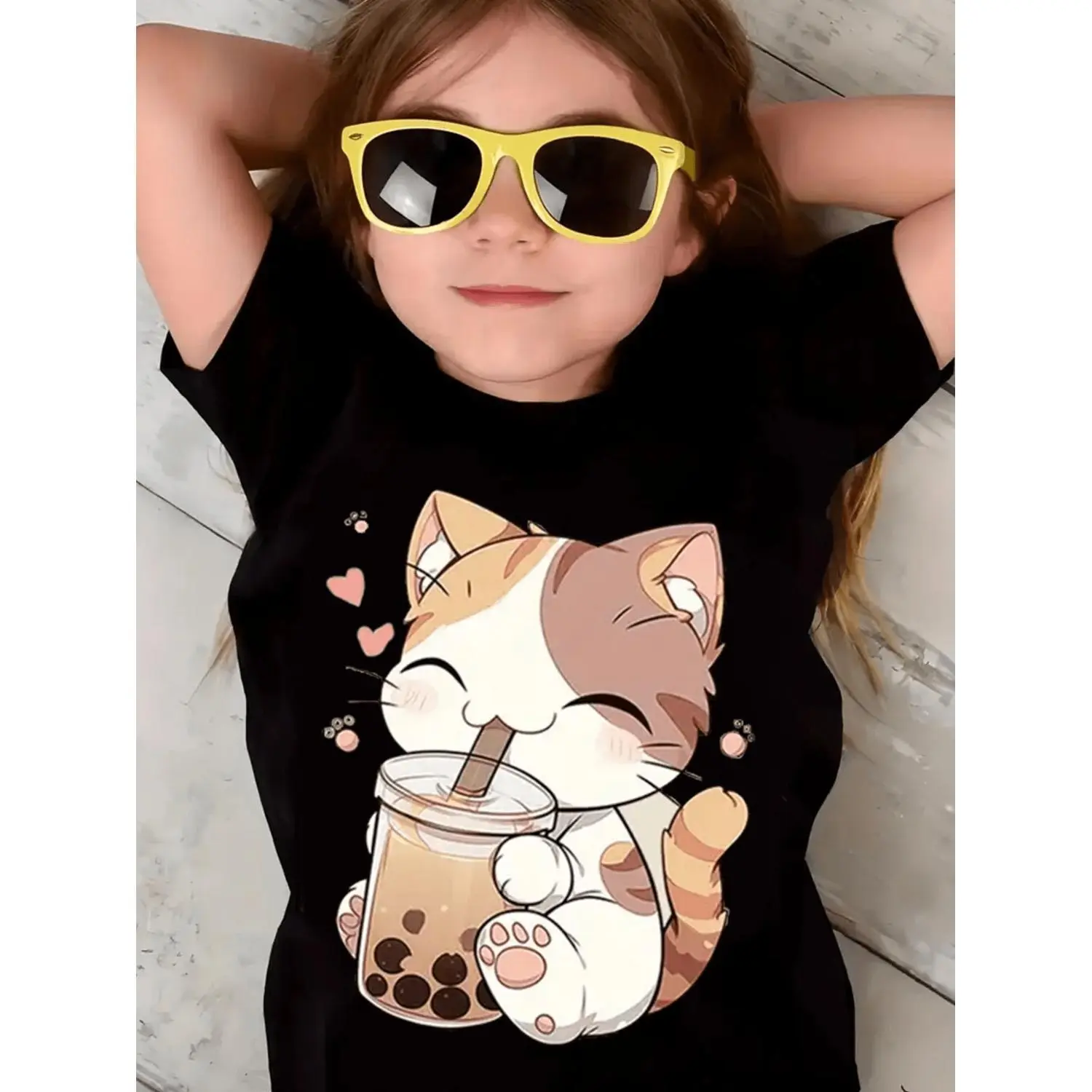 Girls' Child-Sized Crew Neck Cartoon Athletic Short-Sleeve Cotton T-Shirt, 3-13y, Black with Pink Accents, Regular Fit, Reinforced Stitch, Hand Wash, Sporty Chic, Spring/Summer Casual Kids' Top