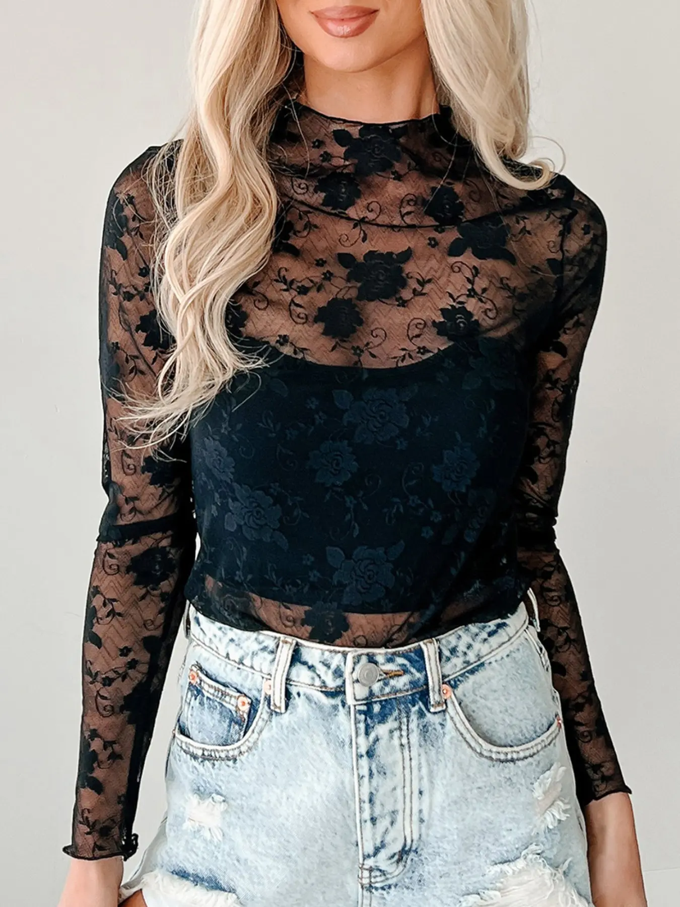 Women's Sexy Transparent Floral Lace Mesh Half High Neck Long Sleeve Tight  Fit Top, Summer Casual Fashion, Ladies Clothing - TikTok Shop