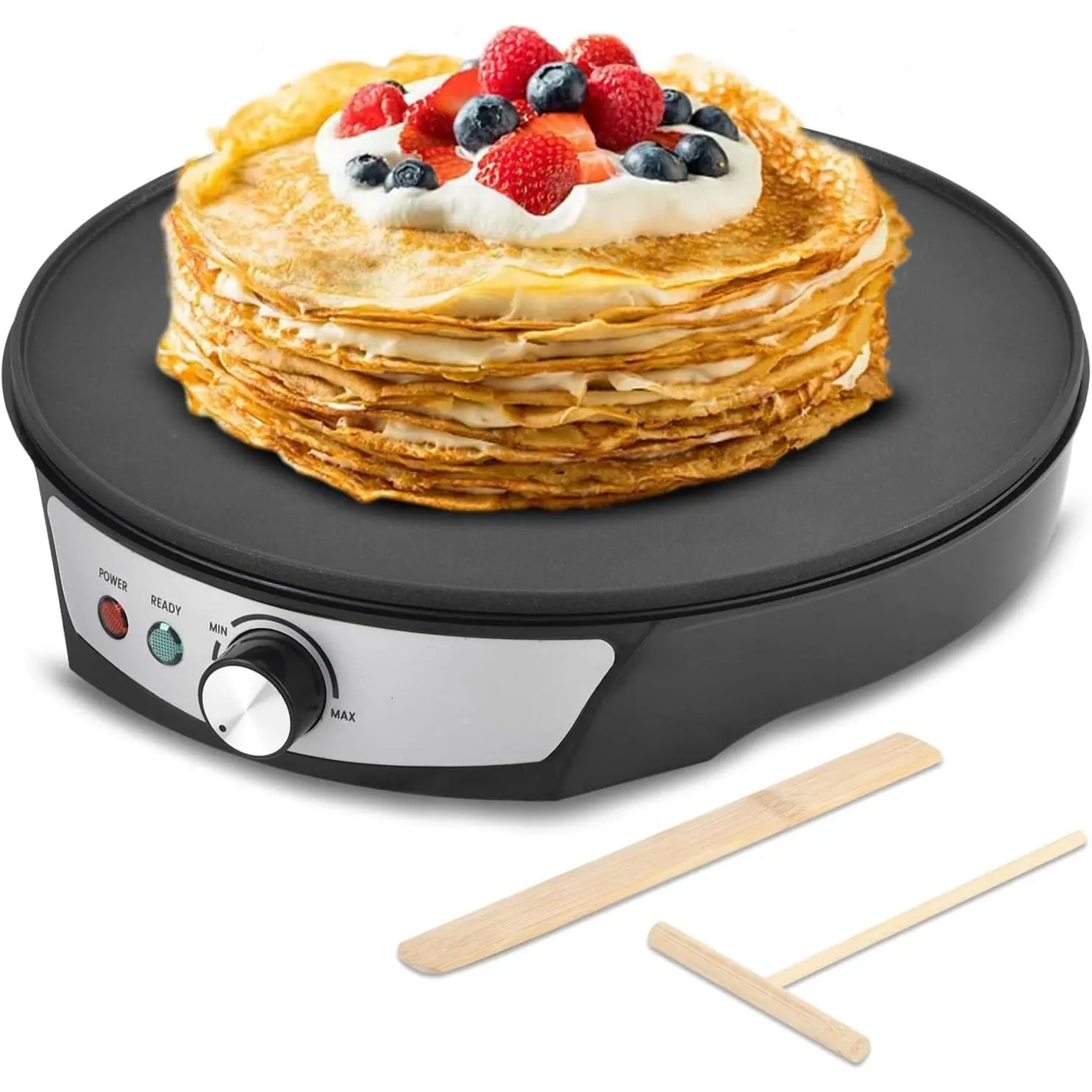 12-inch Wipe-Clean Nonstick Electric Crepe Maker, Flat Griddle with Adjustable Temp Control, LED Indicator Lights, Even Heating, Easy Cleaning, Includes Spreader & Spatula, Ideal for Pancakes, Tortillas