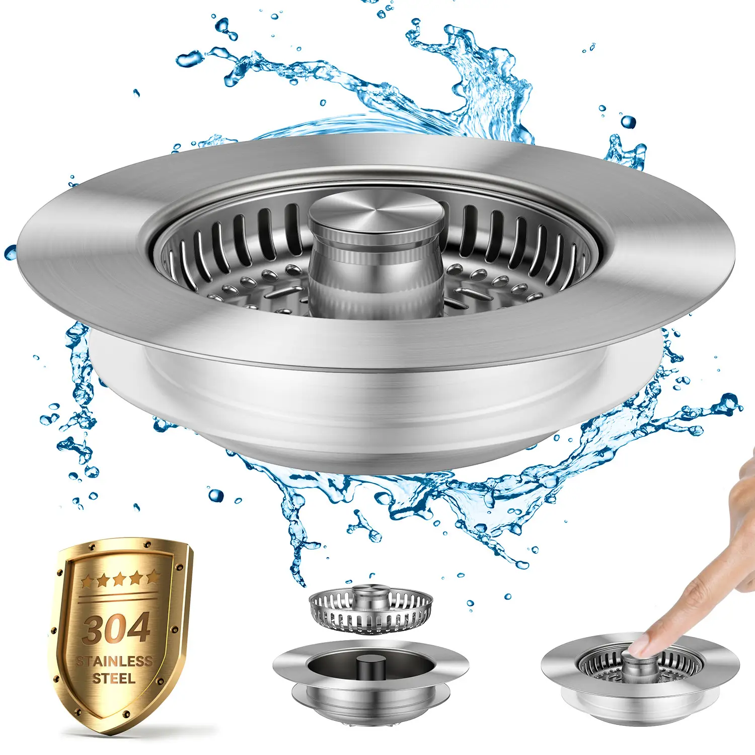 JOMST 3-in-1 Kitchen Sink Drain Strainer Stainless Steel Sink Plug Deodorizing Anti-Clog Basket Strainer for US Standard 3-1/2 Inch Drains 304 Stainle