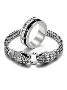 Light luxury style full-cut diamond Roman titanium steel ring, unisex personalized proposal ring accessory, double snake head bracelet, fashion gift for parties