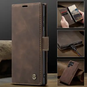 Vintage Leather Flip Cover Card Holder Stand Anti-Drop Protective Shockproof Phone Case for Samsung Galaxy S26 Ultra S25 Ultra S24 Ultra S23 Ultra S22 Ultra Smartphone