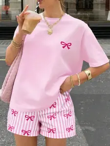 New Women's Round Neck Butterfly Pattern Short Sleeve Top + Plaid Colorblock Striped Shorts Set, Casual Loose-Fitting 2-Piece