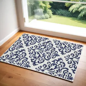 HomeRoots 546038 2 x 4 ft. Damask Rectangle Area Rug, Blue & White, Classic, Damask Print