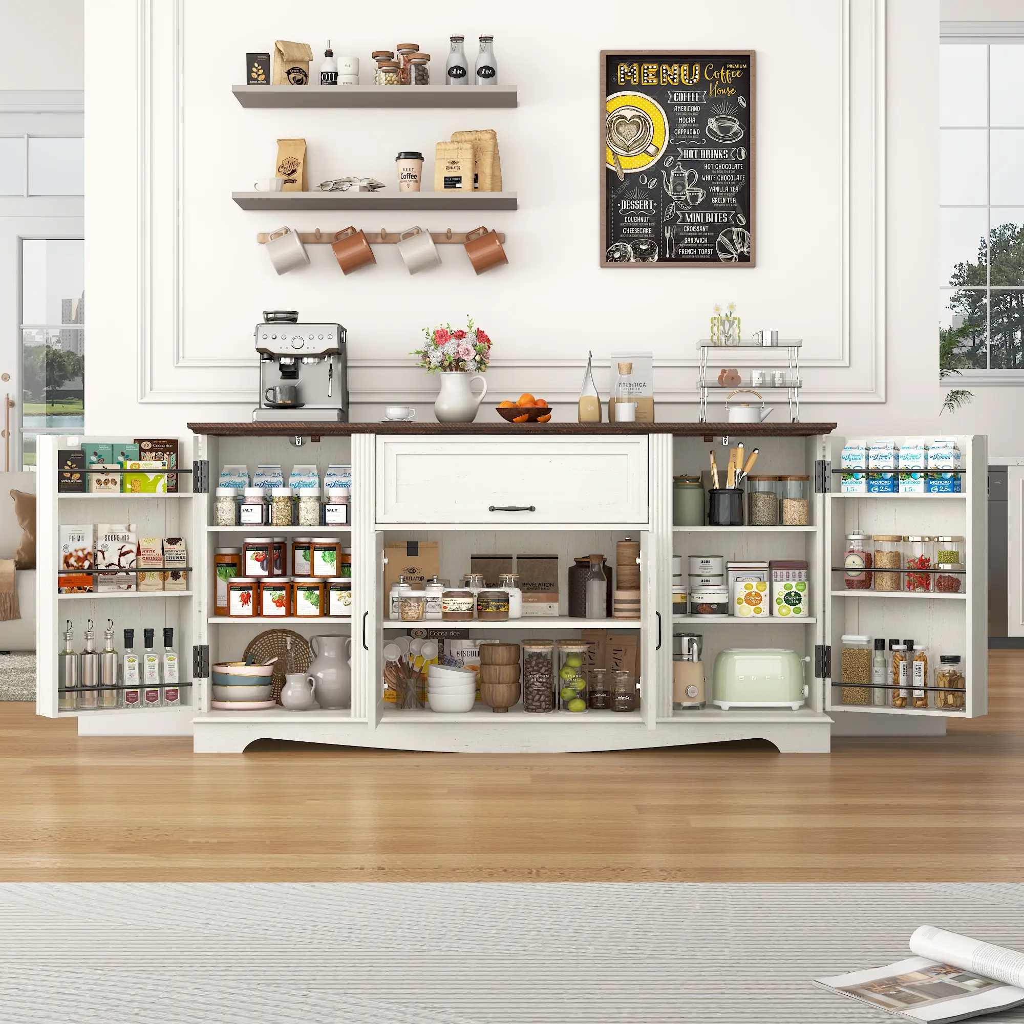 65" Farmhouse Sideboard Buffet Cabinet, Wood Coffee Bar Credenza With Drawer & Adjustable Shelves, Storage Cabinet For Kitchen Dining Room