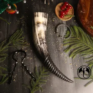 Viking Drinking Horn with Iron Stand| Viking Gift for Men & Women| Unique & Hand Crafted| Food Safe| Natural Shine Finish (Iron Stand)