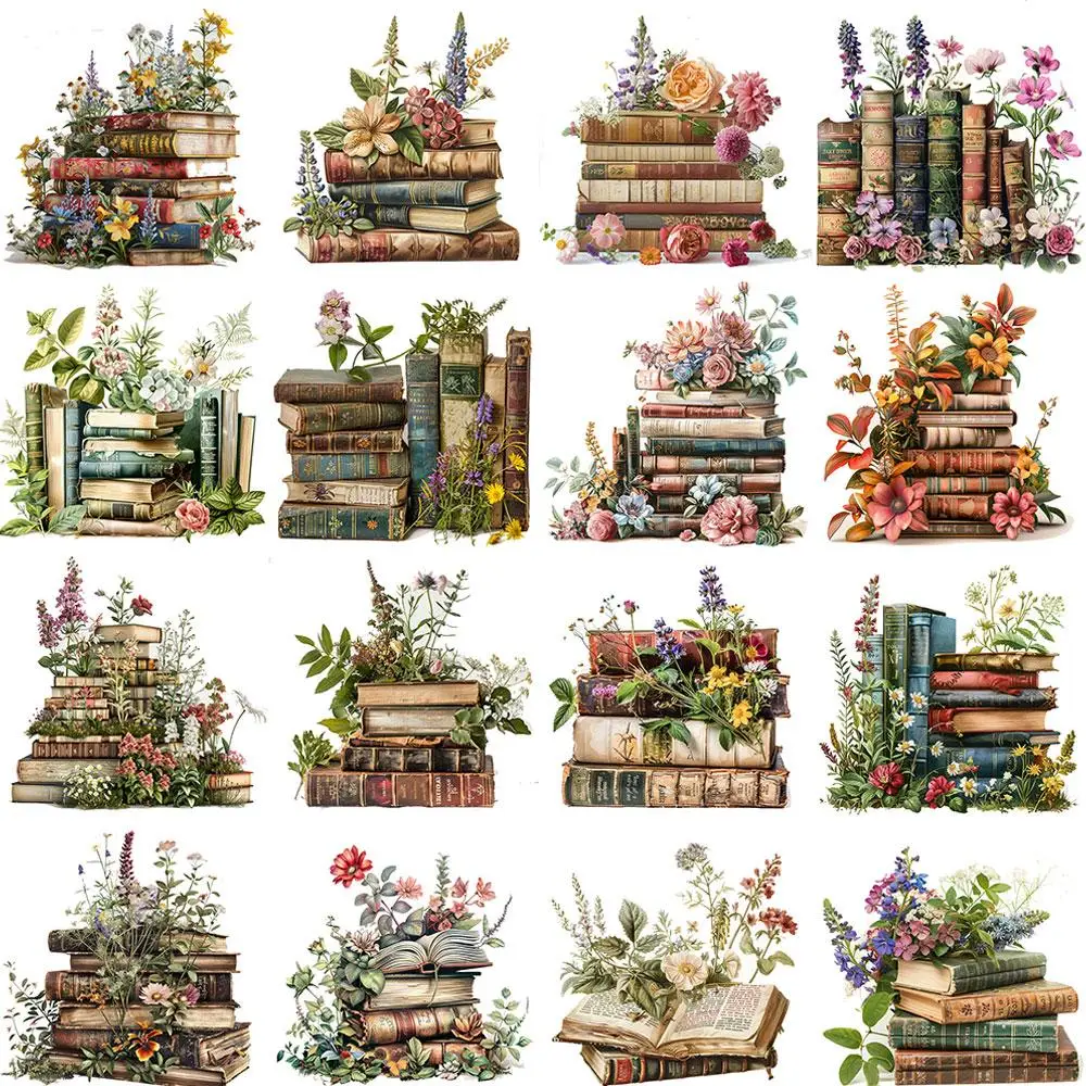 Vintage Flower & Book Pattern Sticker, 20pcs/set Retro Flower Books Sticker, DIY Decorative Sticker for Scrapbooking, Journaling, Gift Wrapping