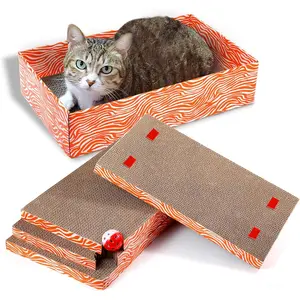 Cat Scrather Box with 4 pcs Large Scratching Cardboard and Toy Ball, Catnip, 4 in 1 Large Refillable & Reversible Cat Scratcher Pad, Cardboard Cat Bed for Big Medium Small Lazy Kitty