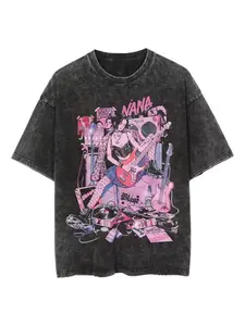 Vintage Washed Gothic Anime Band Print Loose T-Shirt, Y2K Street Retro Short Sleeve, Unisex Casual Top for Music Lovers