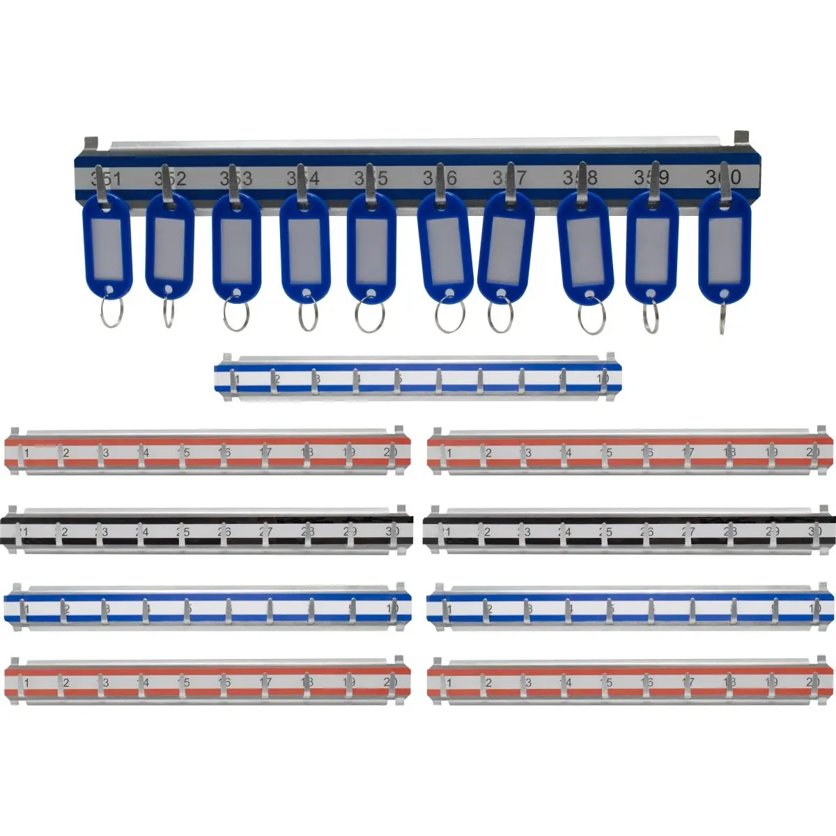 212 MAIN Adjustable Solid Durable Steel Key Holder Stackables Set - 10 Shelves, 301-400 Numbered Hooks, Assorted Colors (Key Storage Solution for Office Stationery & Supplies Safes)