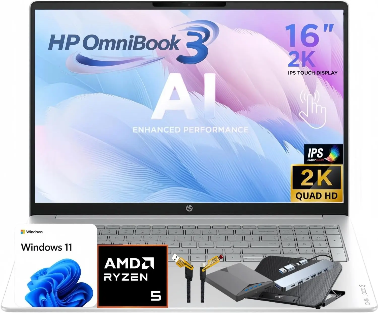 HP OmniBook 3 16" Laptop, AI PC, 2K WUXGA Touchscreen, AMD Ryzen 5 Processor, 8GB DDR5, 256GB PCIe SSD, Copilot AI, Windows 11, Wi-Fi 6 & Bluetooth 5.4, Productivity and Multitasking