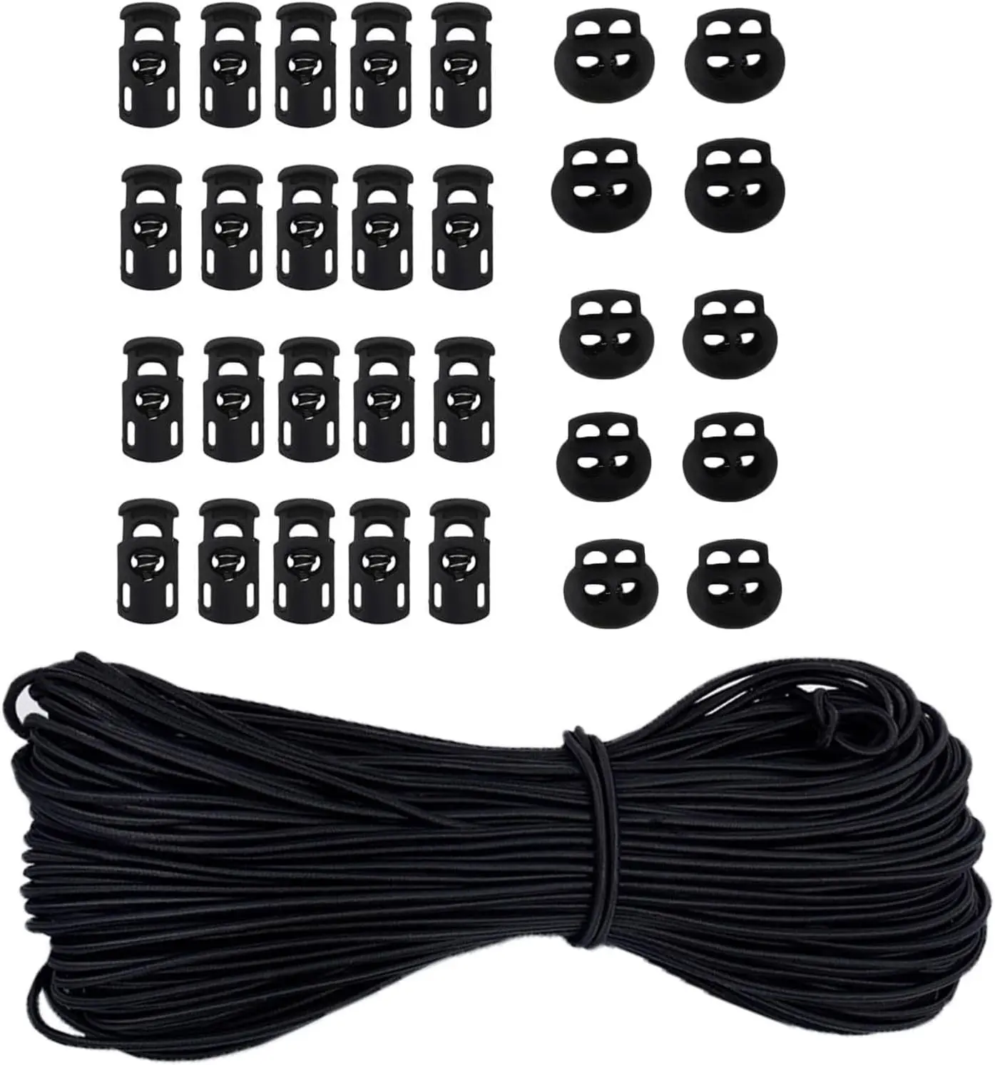 30pcs Plastic Cord Locks with 1/8-Inch 50ft Elastic Cord Heavy Stretch Round String, 10Pcs Sing-Hole, 10pcs Double-Hole Spring Toggle Stopper Slider (3mm-Black)