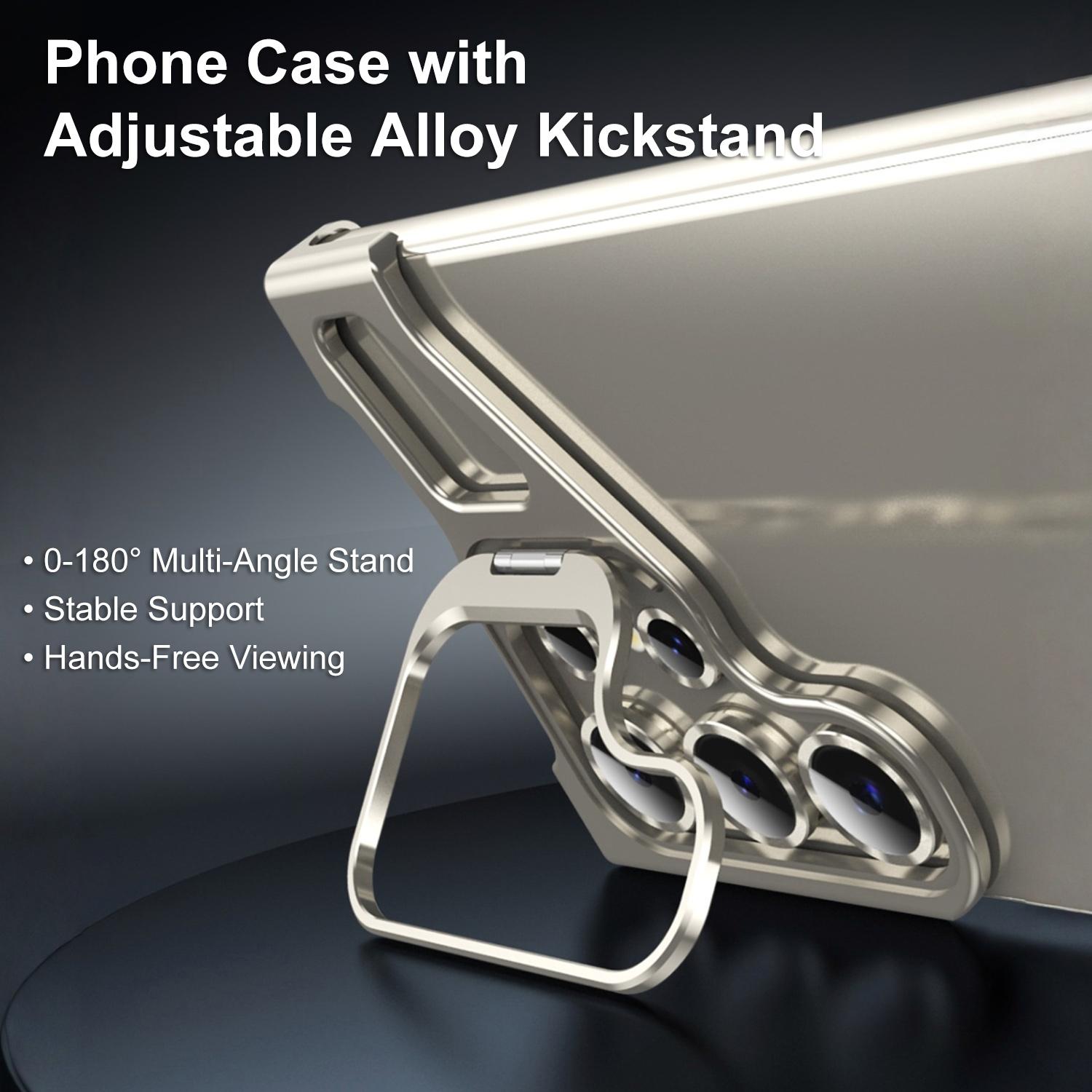 Compatible For Samsung Galaxy S25 S24 S23 S22 ULTRA Borderless Lens Stand Case, Aluminum Metal Frameless Design, with Camera Lens Protector, Slim Thin & Lightweight, Shockproof Bumper Case for Women Men