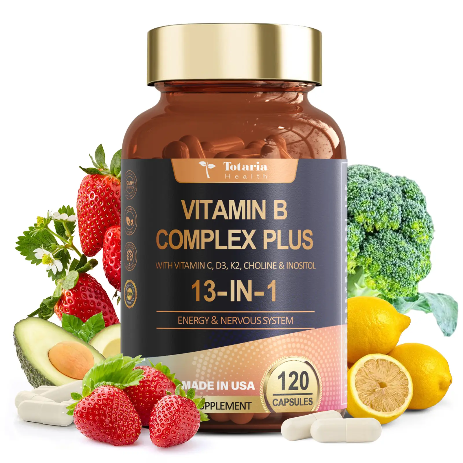 Totaria 13-in-1 Vitamin B Complex Plus with Vitamin B1, B2, B3 (Niacinamide), B4, B5, B6, B7 (Biotin), B8 (Inositol), B9 (Folate), B12, C, D3, K2 - En