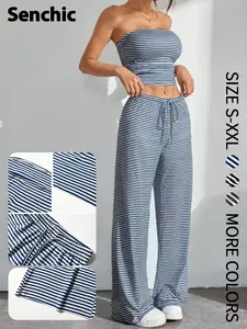 Vintage American Stripe Strapless Sleeveless Bustier Striped Camisole Top with High Waist Wide Leg Pants Set, Womenswear, Relaxed Fit and Versatile Two-Piece for Everyday Wear