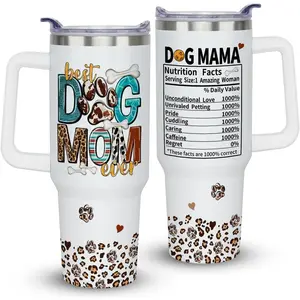 40 oz Insulated Reusable Stainless Steel Vacuum Flask Set - Plastic Lid, Straw, Handle - Kitchenware Drinkware Tumbler, Ideal Gift for Dog Moms for Mother’s Day, Birthday, Insulation