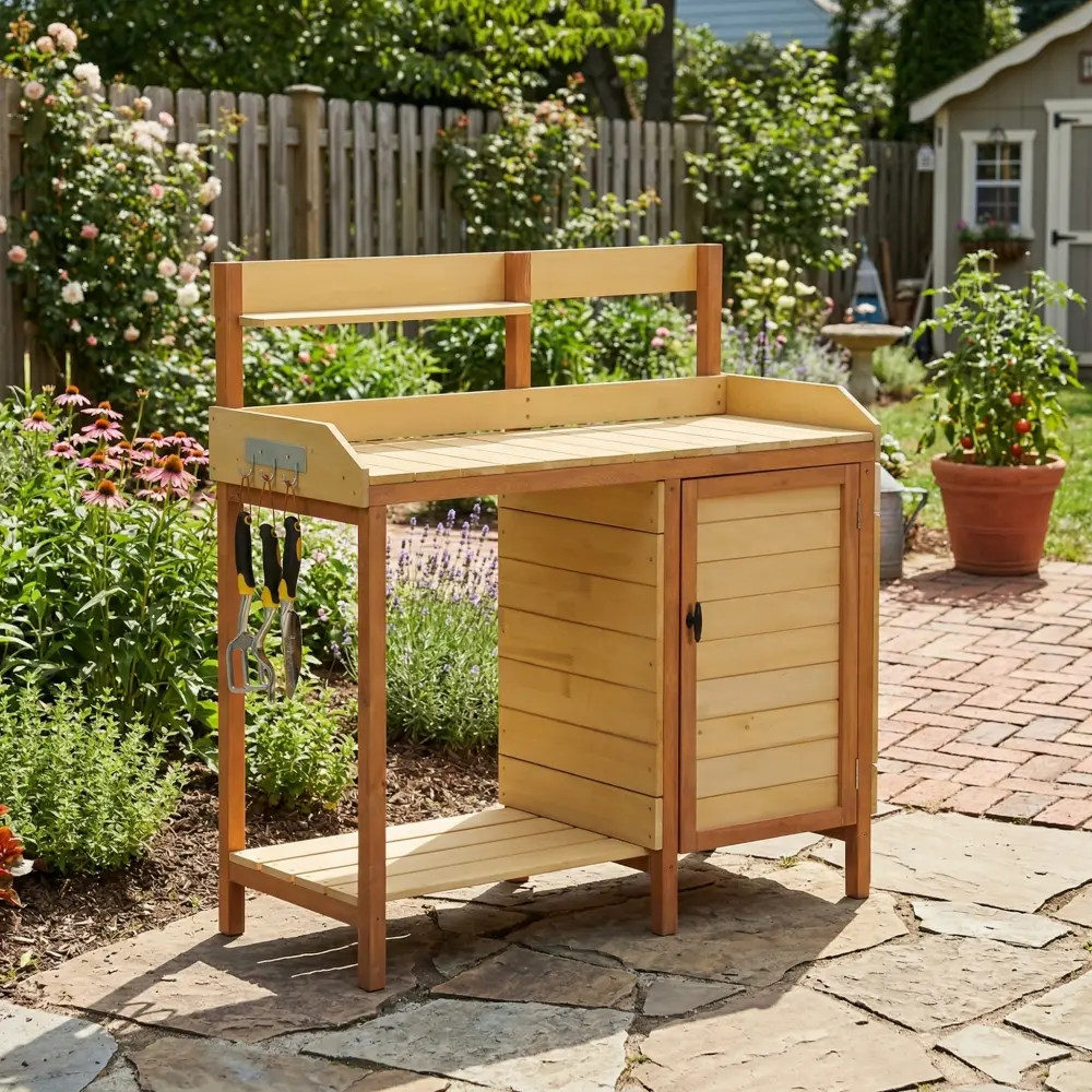 Stable Large Solid Wood Outdoor Potting Bench Table with Sink, Natural Finish Garden Workstation with Storage for Backyard, Outside Patio