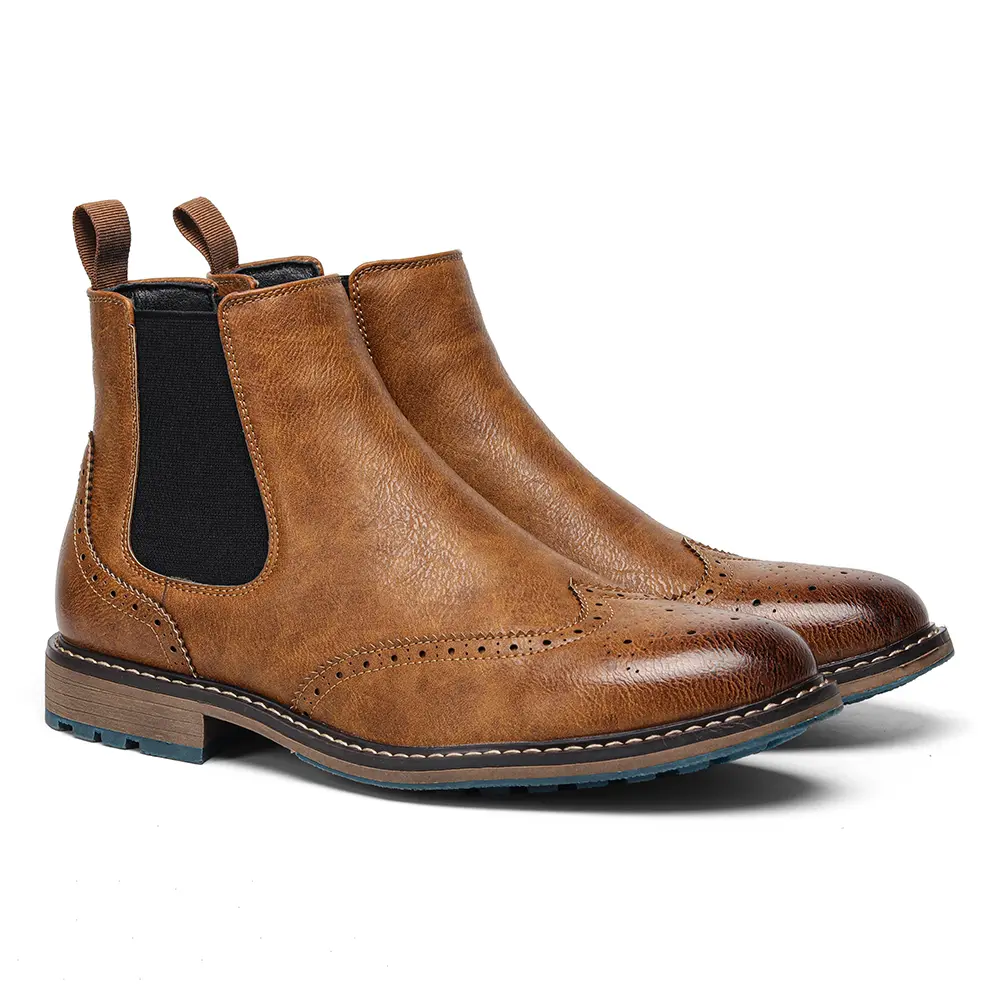 Vintage-Inspired Brogue Chelsea Boots for Men Slip-Resistant Polished Distressed Design Elastic Side Panels Artisan-Aged Finish Dual-Density Rubber Sole Timeless Brogue Detailing