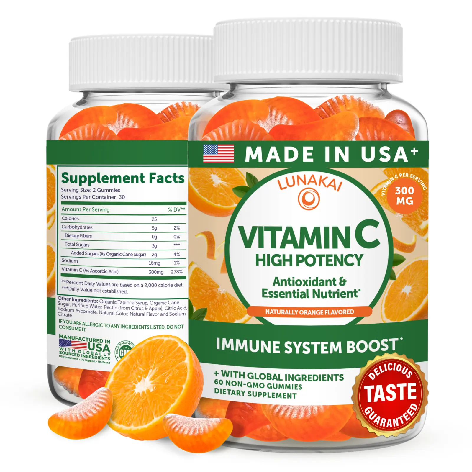 Lunakai High Potency Vitamin C Gummies -300mg Immune Support for Adults & Kids -Non-GMO, Vegan, Delicious Orange Flavor, 60ct for Healthcare & Fitness