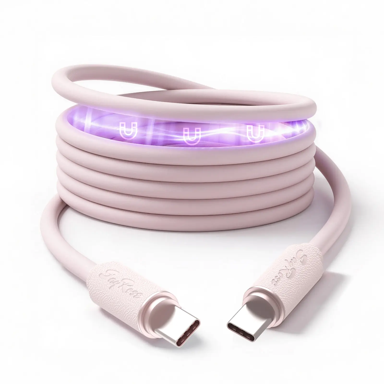 Pastel Pink Magnetic Type-C Cable | Built-in Dust Cap, Fast Charge & Anti-Drop, Port Protection
