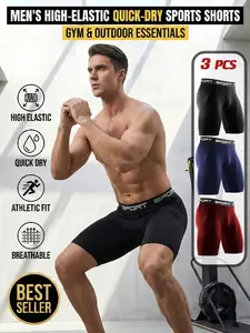 3-Pack Men's Athletic Shorts, Quick Dry Breathable Running Shorts, Training Cycling Shorts, Stretch Polyester Spandex Training Shorts, Solid Color Sports Shorts for Gym Workouts, Running, Fitness Training & Everyday Casual Active Wear, Black Blue