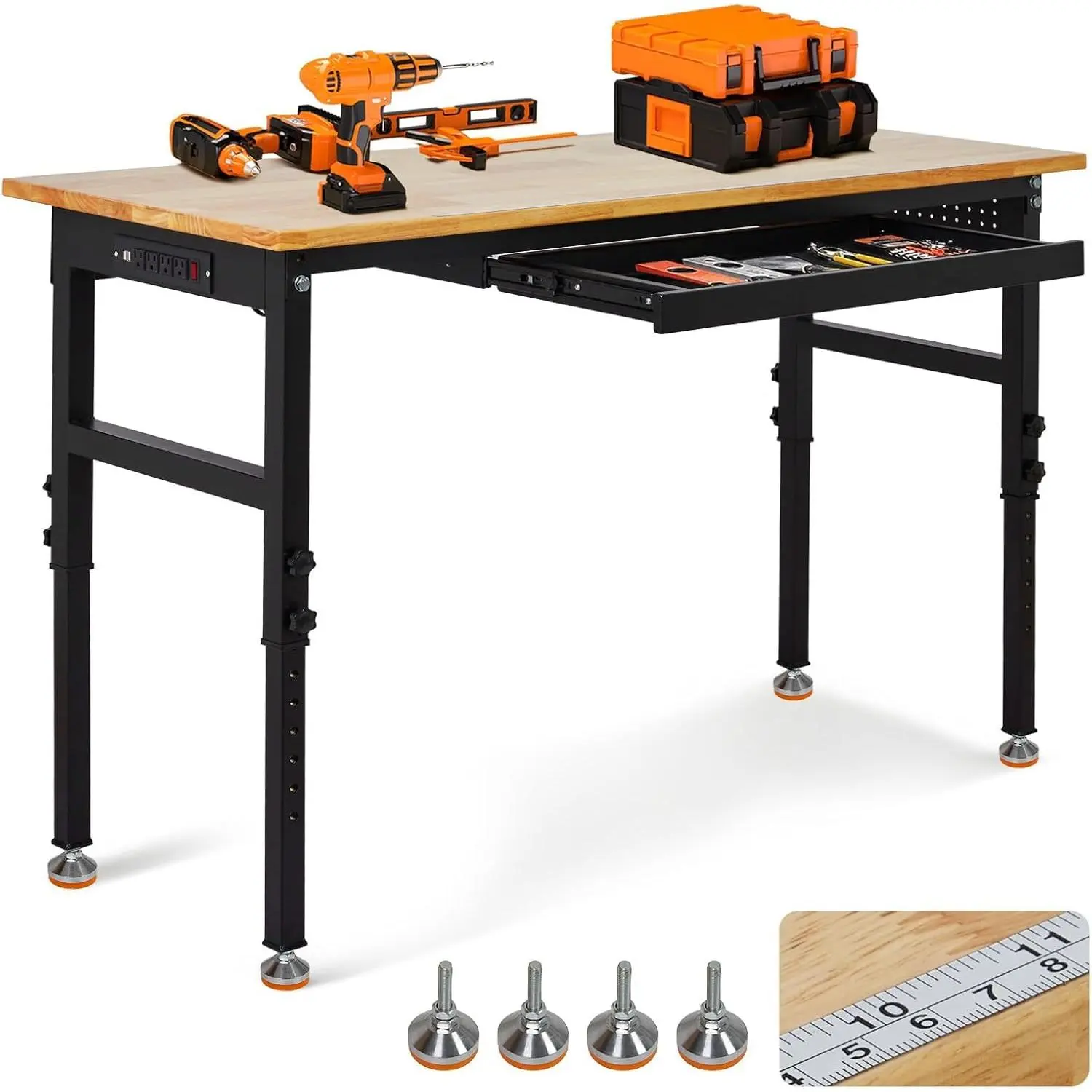 GARVEE 60-in Heavy-Duty Workbench (60 inch desk) with Wood Top, Drawer, Power Outlet, Fixed Legs & 2000 LBS Weight Capacity for Workshop Use