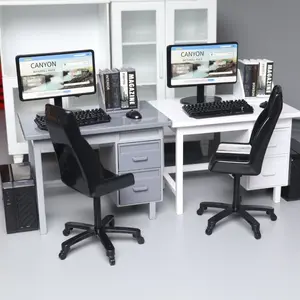 Mini simulated computer desk and chair scene model, suitable for dollhouses, pretend-play desktop decor ornaments. Miniature decoration, office display, tiny office setup, finely detailed miniature model, compact, Miniature Furniture