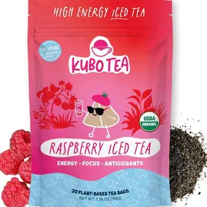 Kubo Raspberry Iced Tea Bags | Organic High Caffeine (155mg) Black Tea + Organic Raspberry | 20 Pyramid Count | Caffeinated Tea for Clean Energy & Focus | Coffee Substitute, Sugar Free