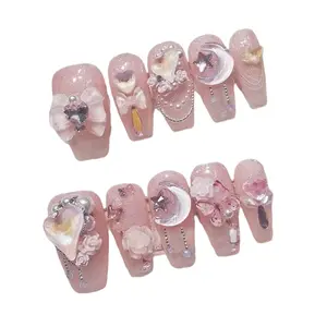 E11 Love Moon Pink Girl Handmade Removable Press-on Nails Christmas Live