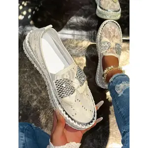 Women's Fashionable Rhinestone Bow Decorated Slip on Sneakers, Elegant Breathable Mesh Casual Sports Shoes, Anti-slip Thick Sole Shoes for Daily Wear, Girl