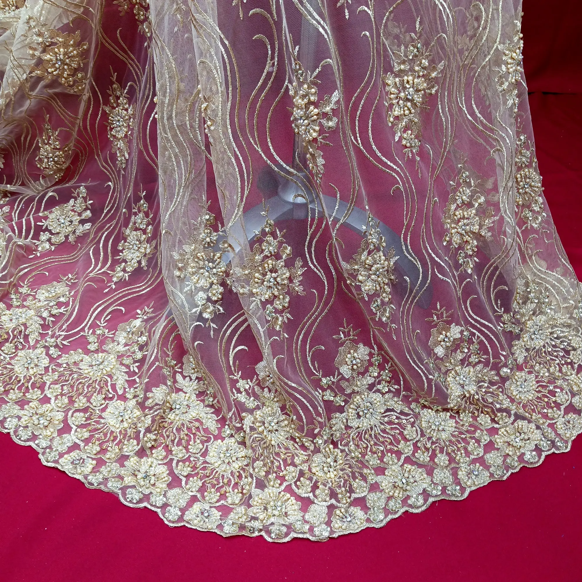 Silver Pearl Embroidery Lace Fabric - Luxury Polyester Mesh, 51 in Wide with Beaded Artistry for Formal Evening Gowns, Wedding Dresses, Party Attire