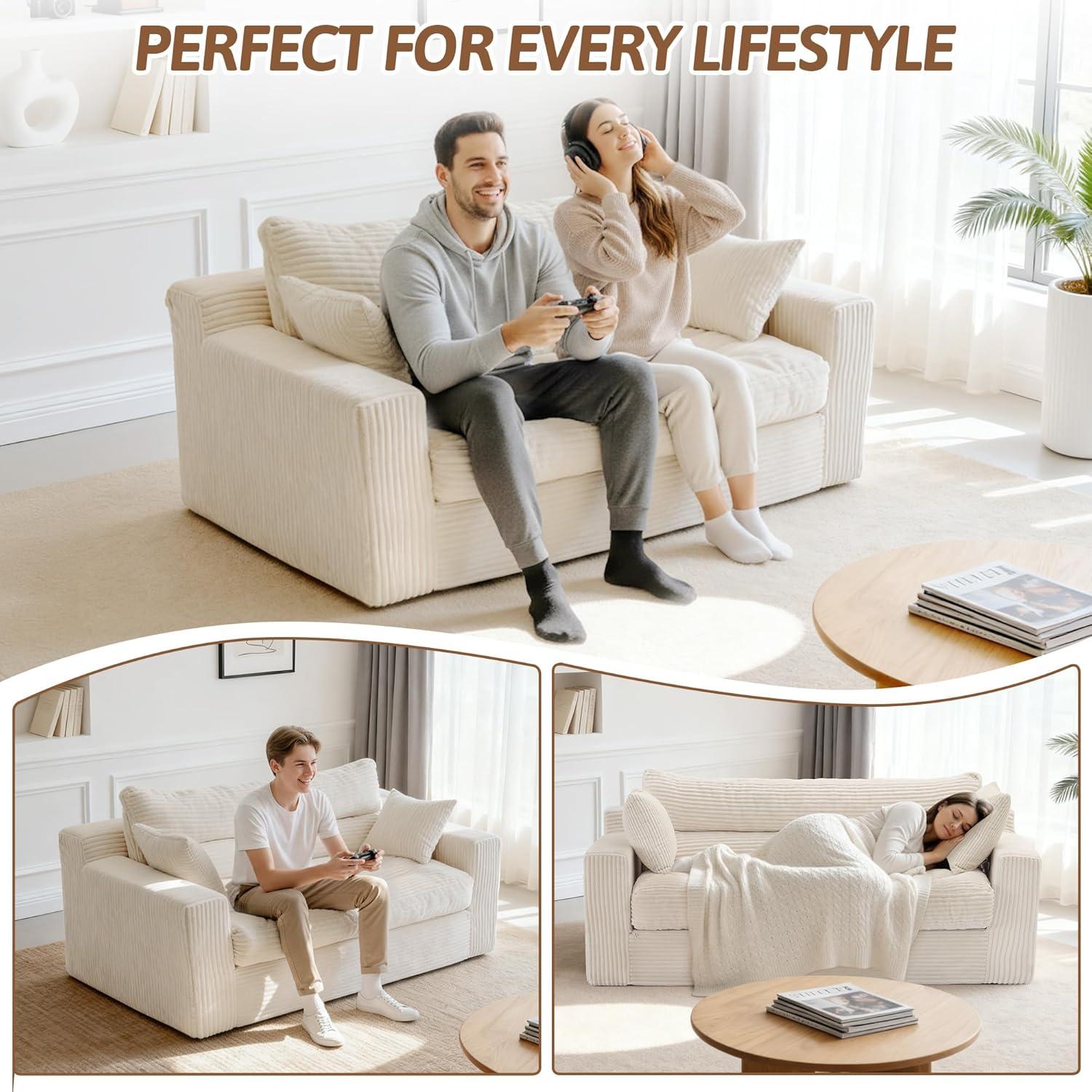 Winzoo Convertible Sofa Bed, Pull Out Boneless Couch Loveseat Floor Sofa Bed with Pillows, 2-Seater Folding Sofa Loveseat Boneless Couch for Living Room, Bedroom, Apartment, Office(Grey)