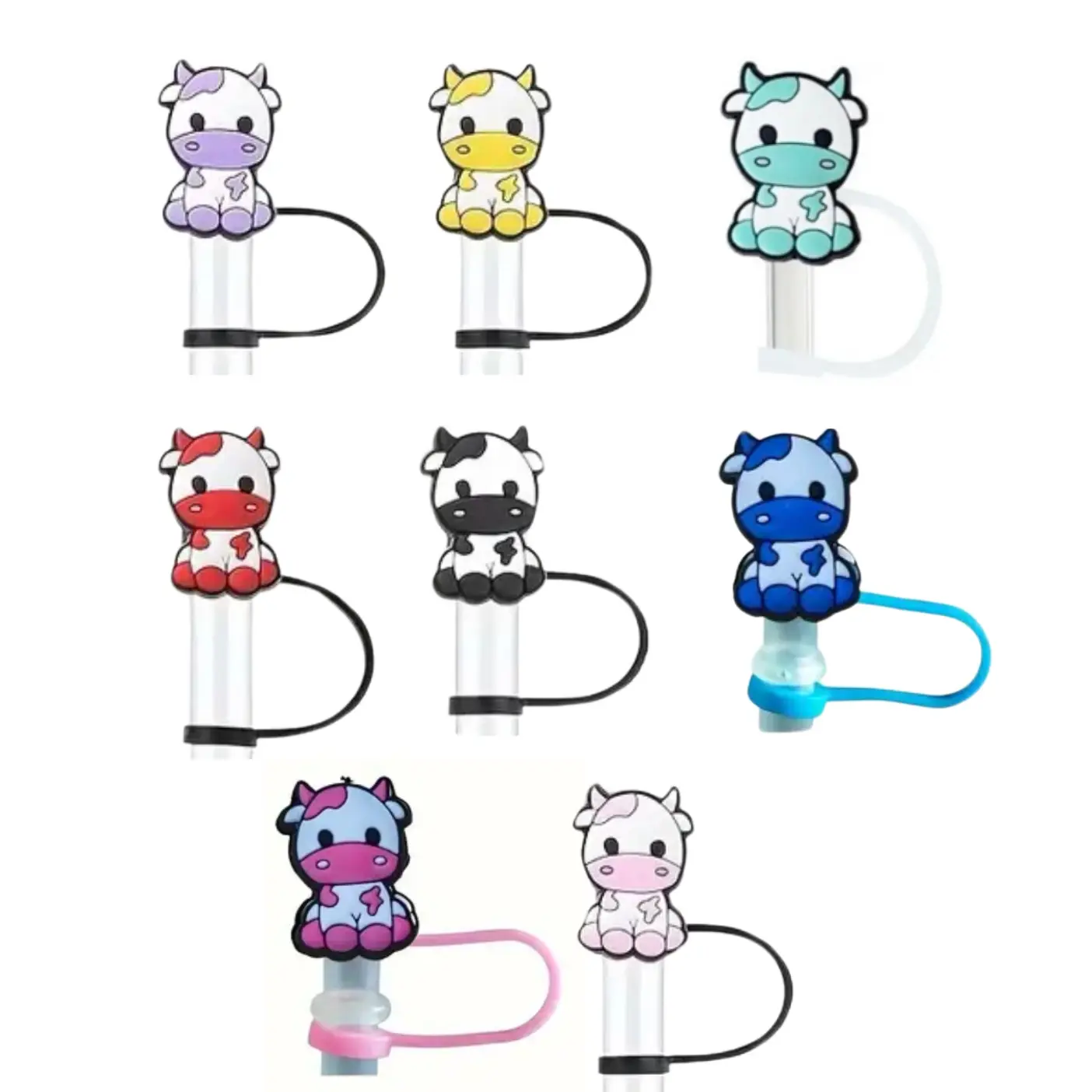 Colorful Cow Straw Cover Drinkware Topper Cap Black Blue Yellow Pink Light Pink Teal Red Purple