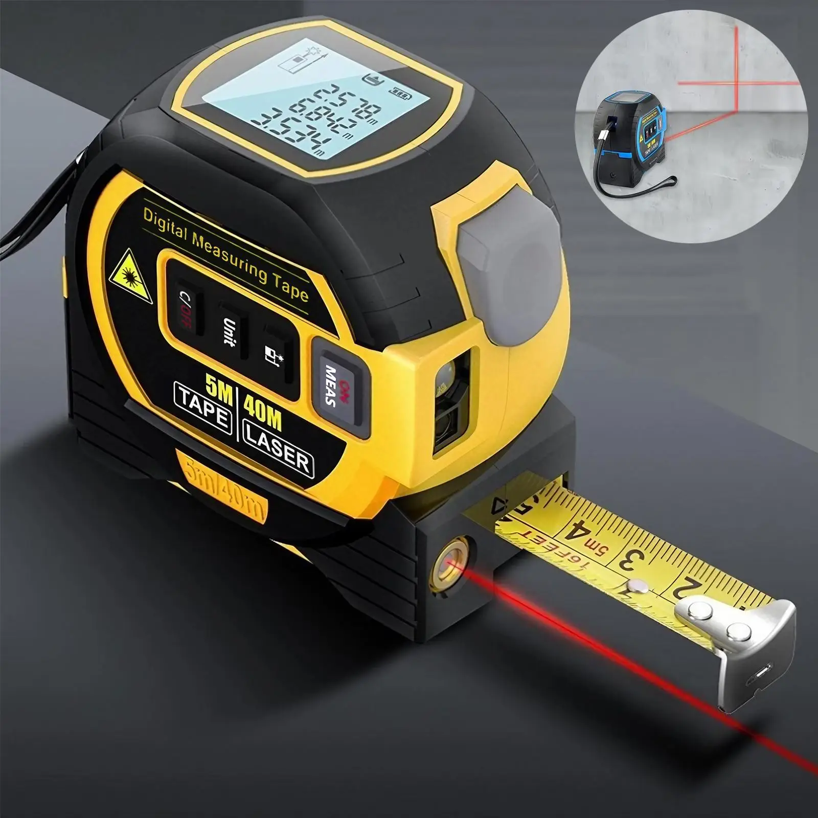 3 in 1 Digital Laser Tape Measure, 131ft/40M Infrared Laser Measuring Tape, 16ft/5M Retractable Electric Tape Measure with LED Display, Batteries Requ