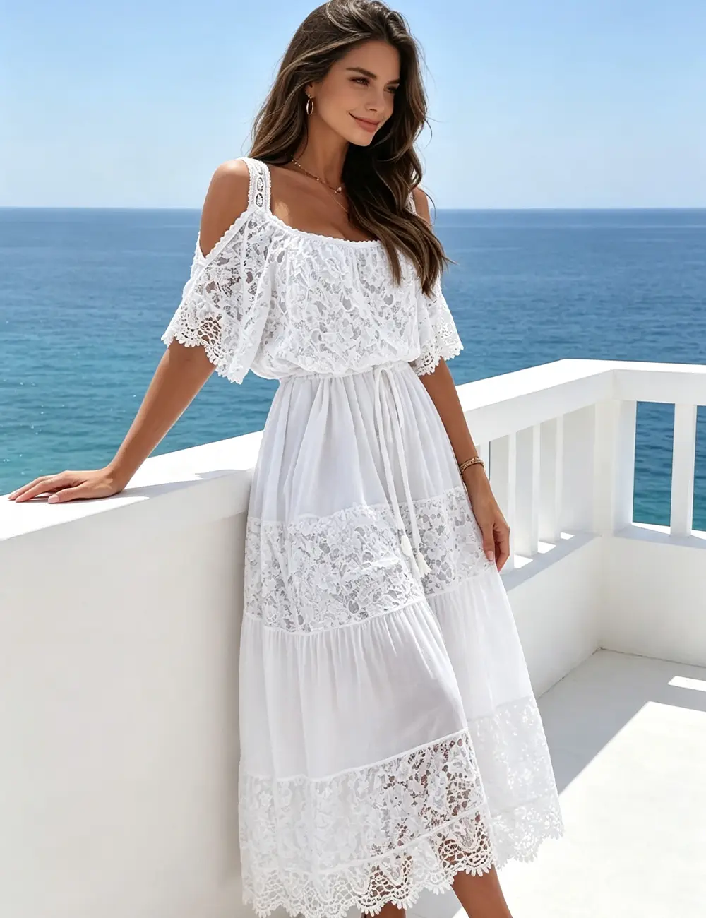 Women Casual Flowy Maxi Dress White Lace Cold‑Shoulder Short Sleeve Tiered Drawstring Waist Beach Holiday Party Dress
