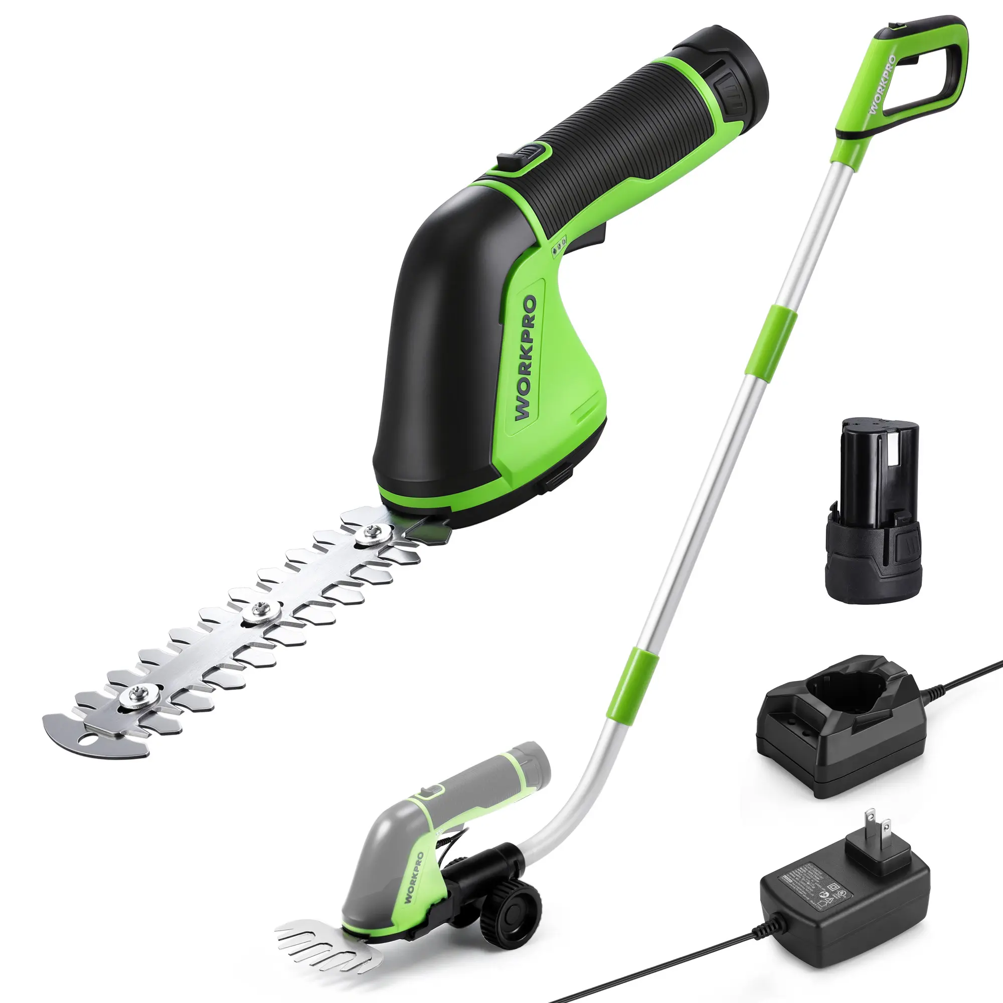 #summersale WORKPRO 12V Cordless Grass Shear, 2-in-1 Electric Hedge Trimmer & Grass Cutter, with 37’’ Wheeled Extension Pole, 2.0Ah Battery, 1-Hour Fast Charger, Lightweight Bush Trimmer for Lawn and Garden