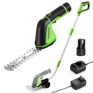 WORKPRO 12V Cordless Grass Shear, 2-in-1 Electric Hedge Trimmer & Grass Cutter, with 37’’ Wheeled Extension Pole, 2.0Ah Battery, 1-Hour Fast Charger, Lightweight Bush Trimmer for Lawn and Garden