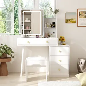 FUFU&GAGA Vanity Desk Set with LED Lighted Mirror and 4 Drawers, Morden Makeup Vanity Table Set with Chair Furniture Bedroom Storage Organization Aesthetic Modern Design White